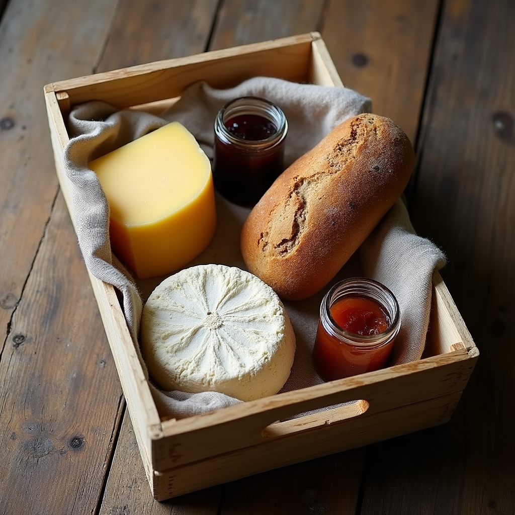 Cutie de lemn cu produse locale ambalate: brânză, borcane și țesături