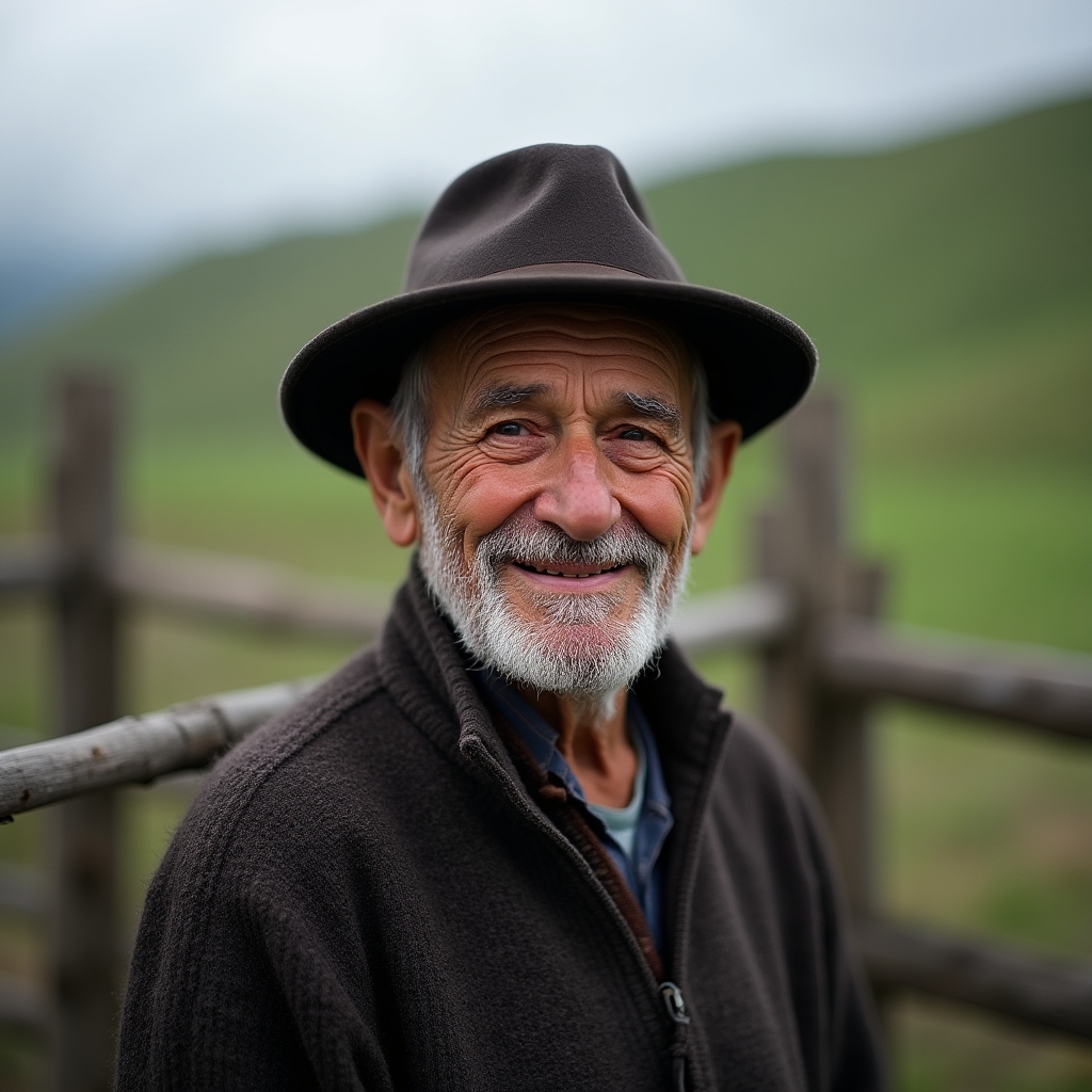 Portret al unui fermier în vârstă din Maramureș privind spre cameră