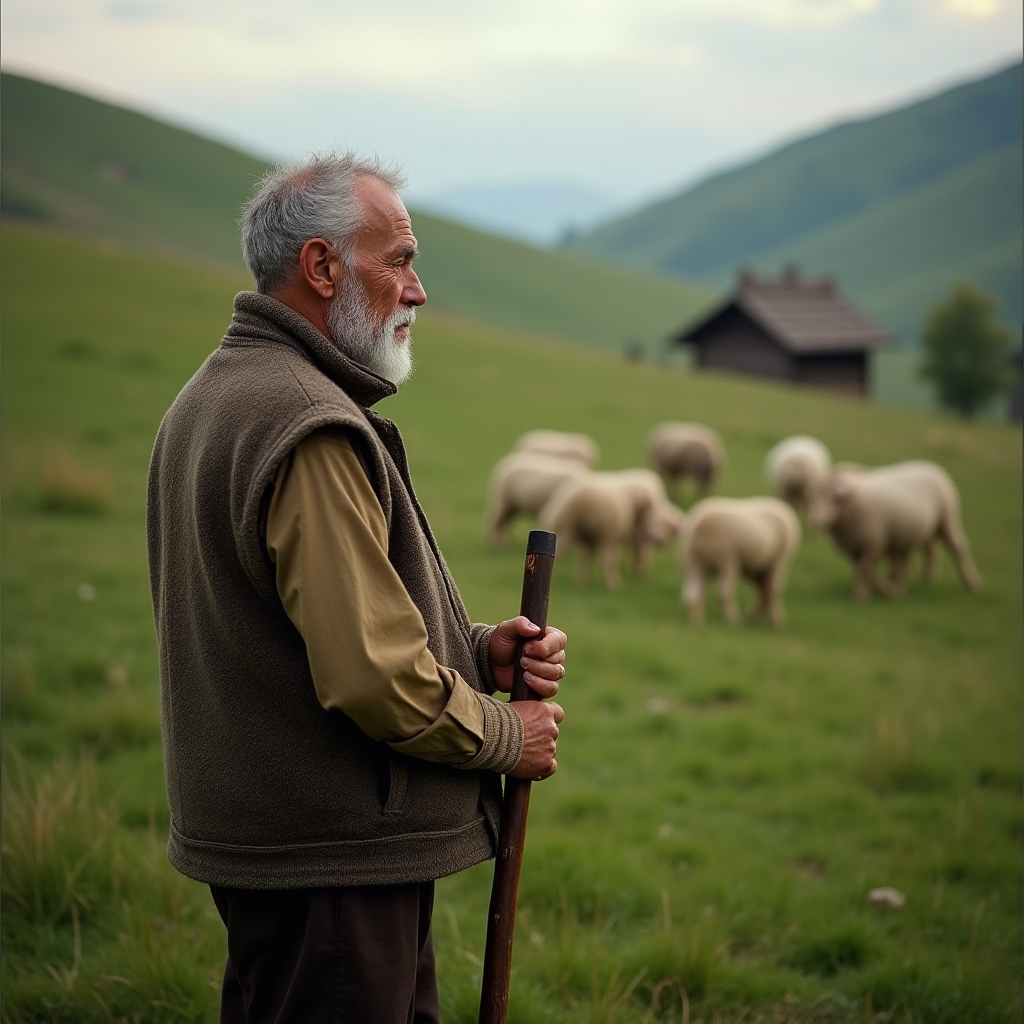 Fermier verificând oile pe pajiște în lumina dimineții
