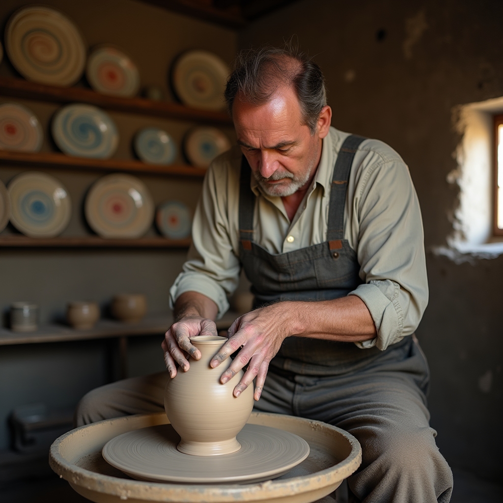 Meșter olar aplicând smalț pe un vas de ceramică nears