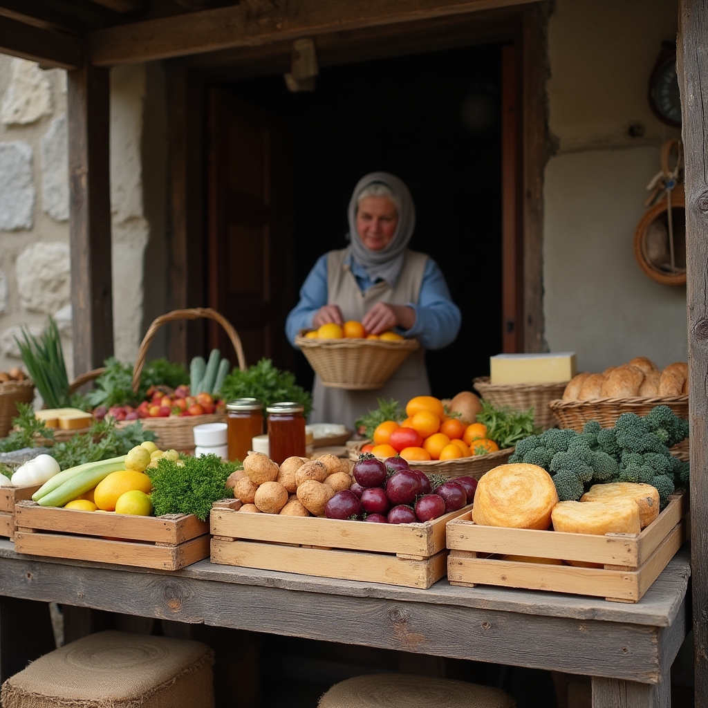Tarabă cu produse locale într-o piață tradițională românească